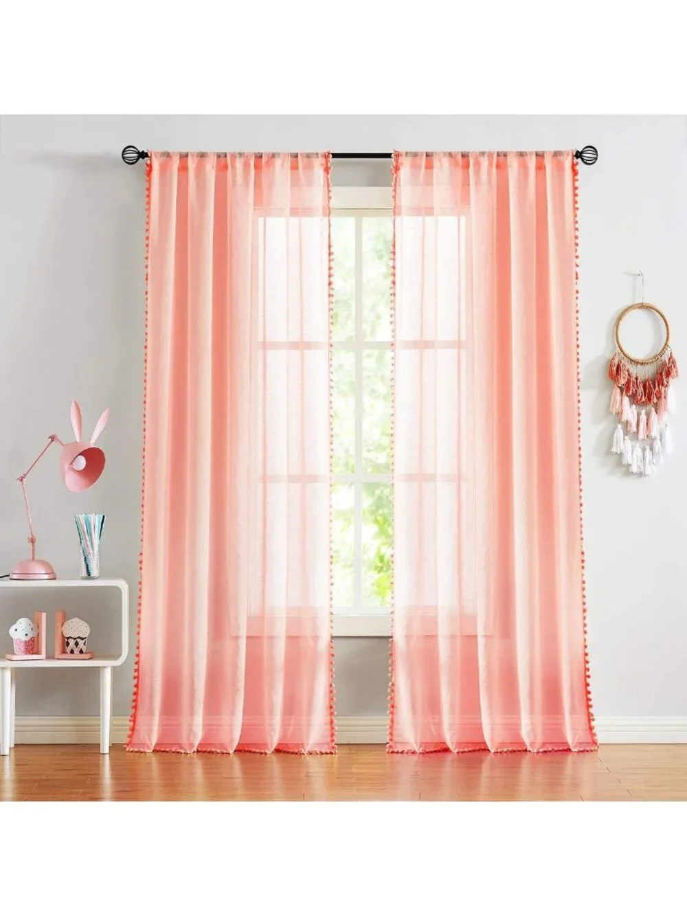 Blush Pink Pompom Sheer Curtains - 84
